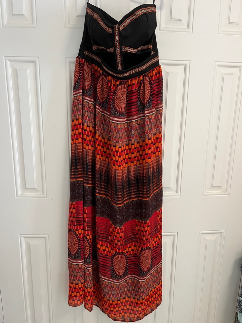 Sans Souci Strapless Maxi Dress - Black w/ Red & Orange Pattern w/ Cut Outs